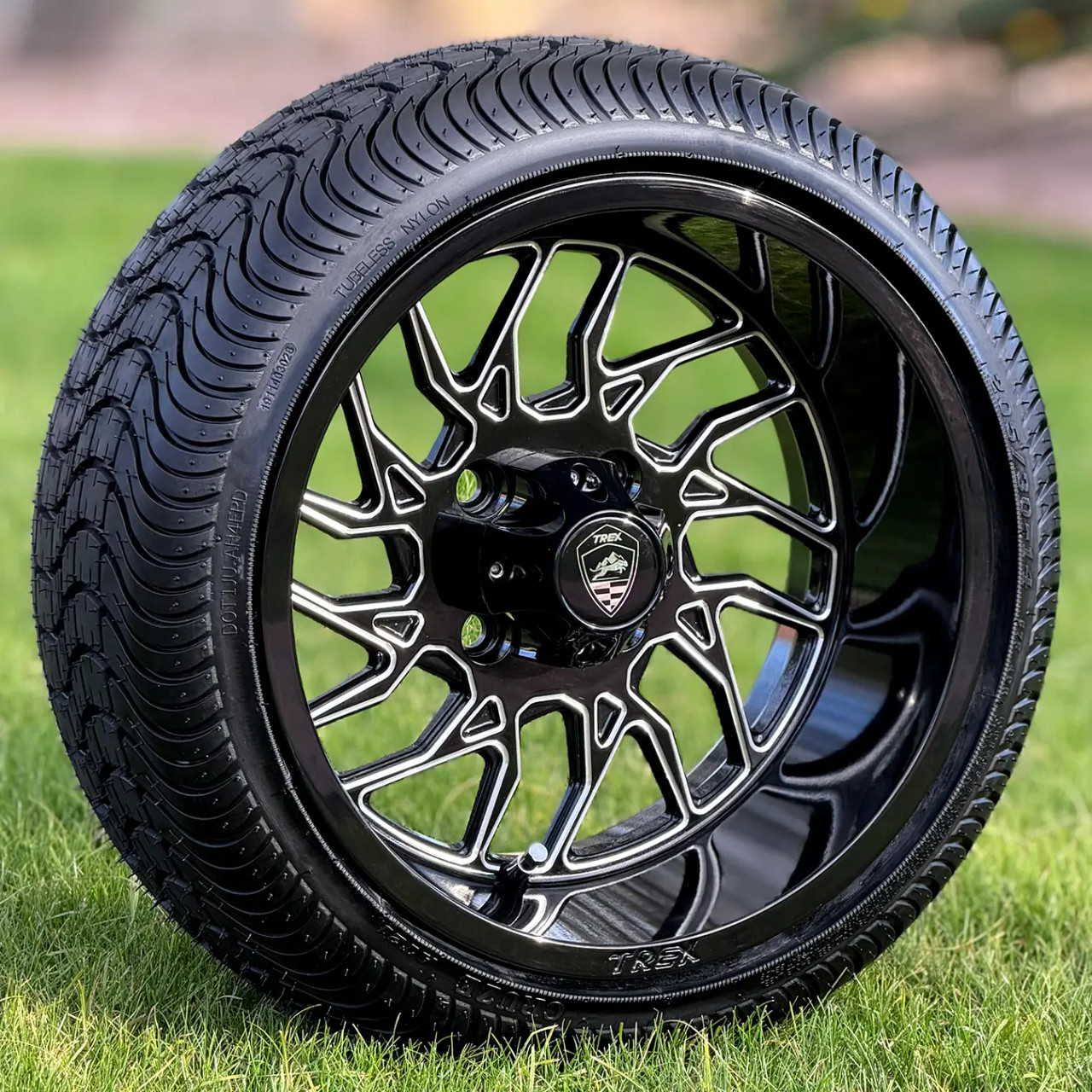 TREX 14 inch Blitz Golf Cart Wheels and 205/30-14 Low Profile Golf Cart Tires TREX 14" Blitz Golf Cart Wheels and Tires in the Grass