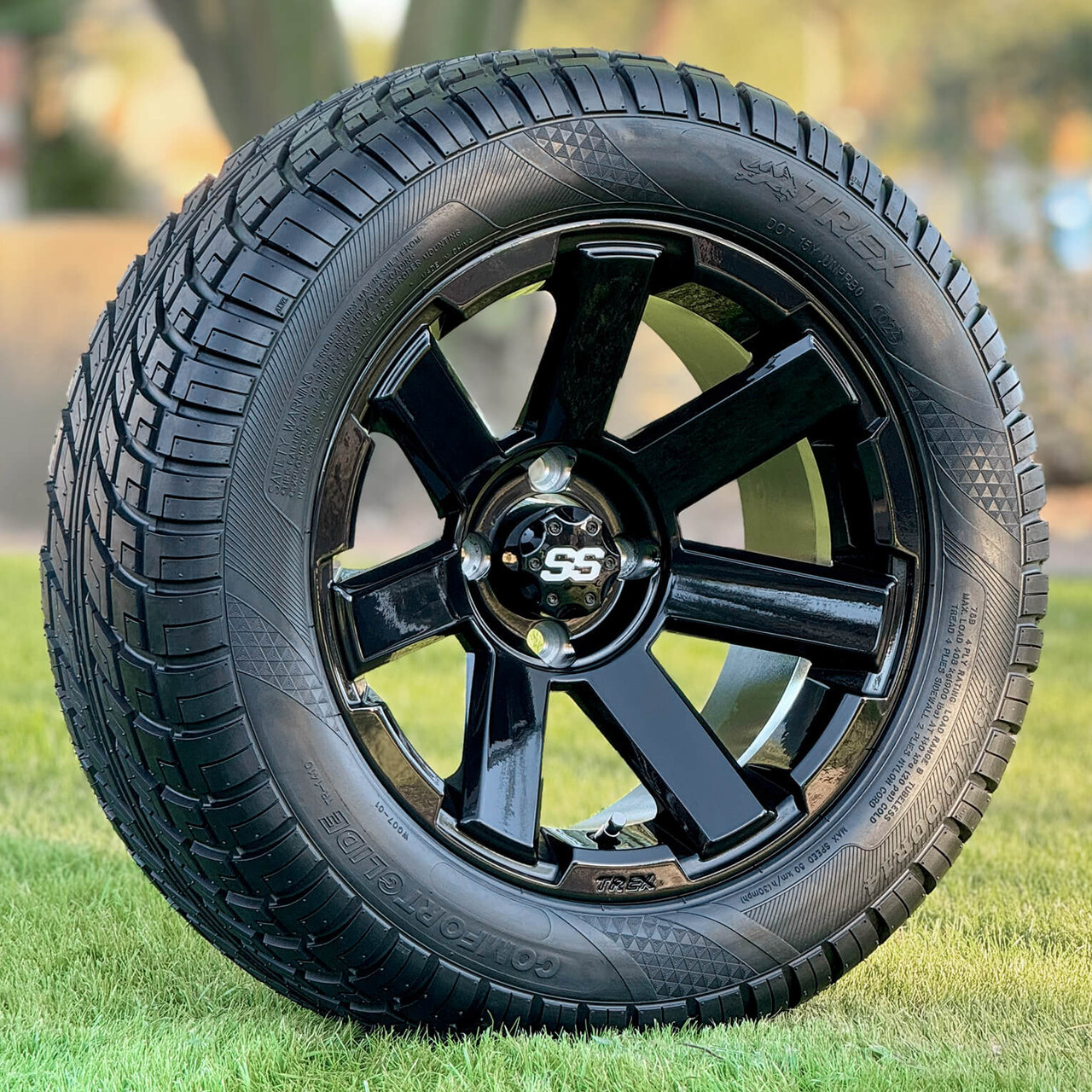 14 inch ATLAS Gloss Black Golf Cart Wheels and 23x10-14 ComfortGlide Golf Cart Tires Combo